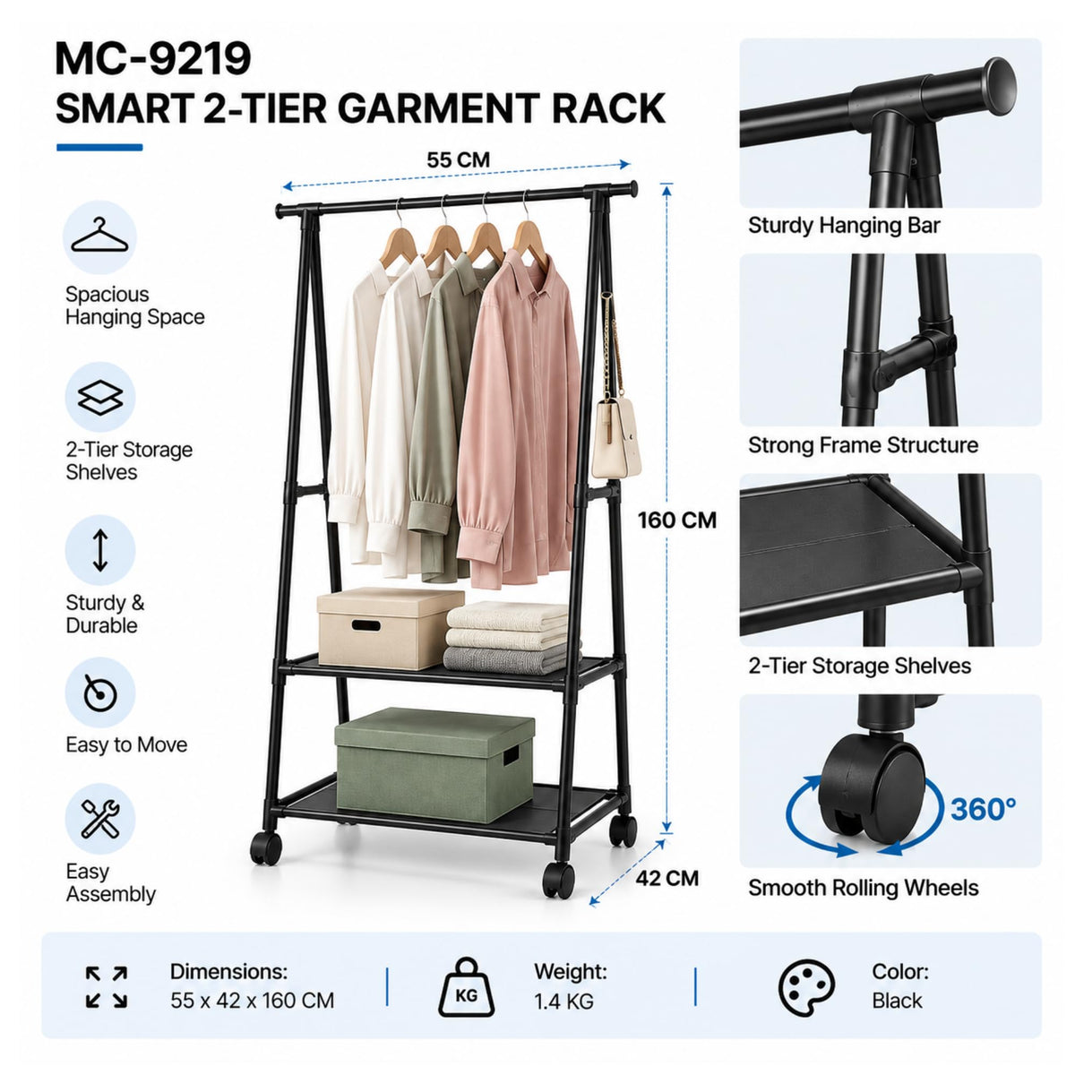 Smart 2-tier garment rack features and dimensions 55 × 42 × 160 cm