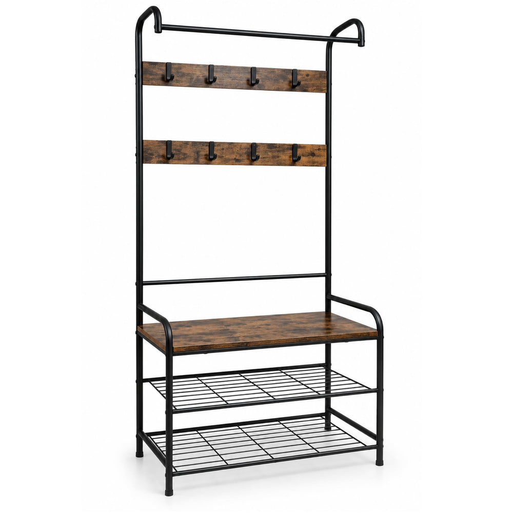 Marcolo Flexi entryway rack with 8 hooks, wood-look shelf and 2 shoe tiers