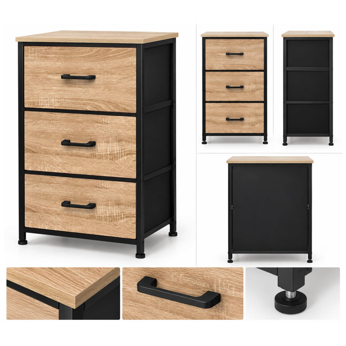 Nova 3-drawer dresser front, side and back views with handle and foot details