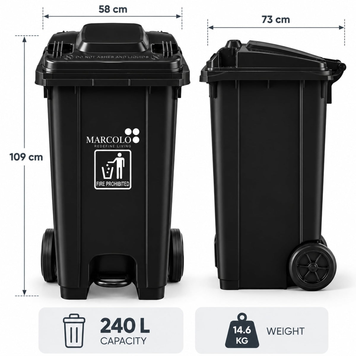 240L central-pedal heavy-duty waste bin - black, dimensions 58 × 73 × 109 cm, 240 L, 14.6 kg