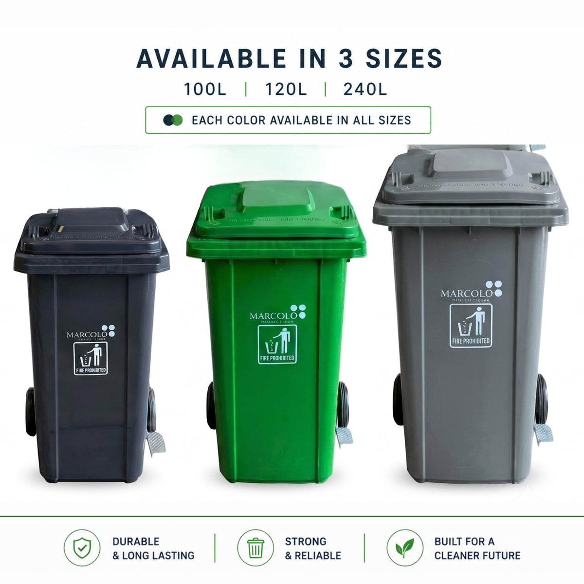 100L side-pedal waste bin with wheels - available in 100L, 120L and 240L, in black, green and grey