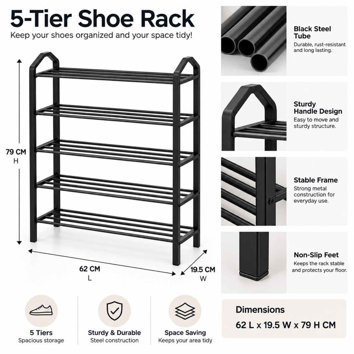 5-tier shoe rack dimensions 62 × 19.5 × 79 cm and frame details