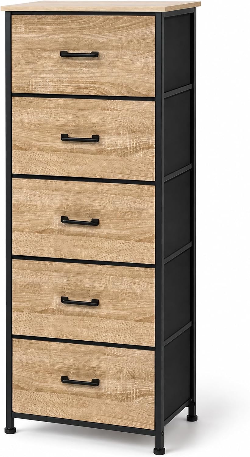 Marcolo Nova 5-drawer fabric dresser with oak-look fronts and black frame