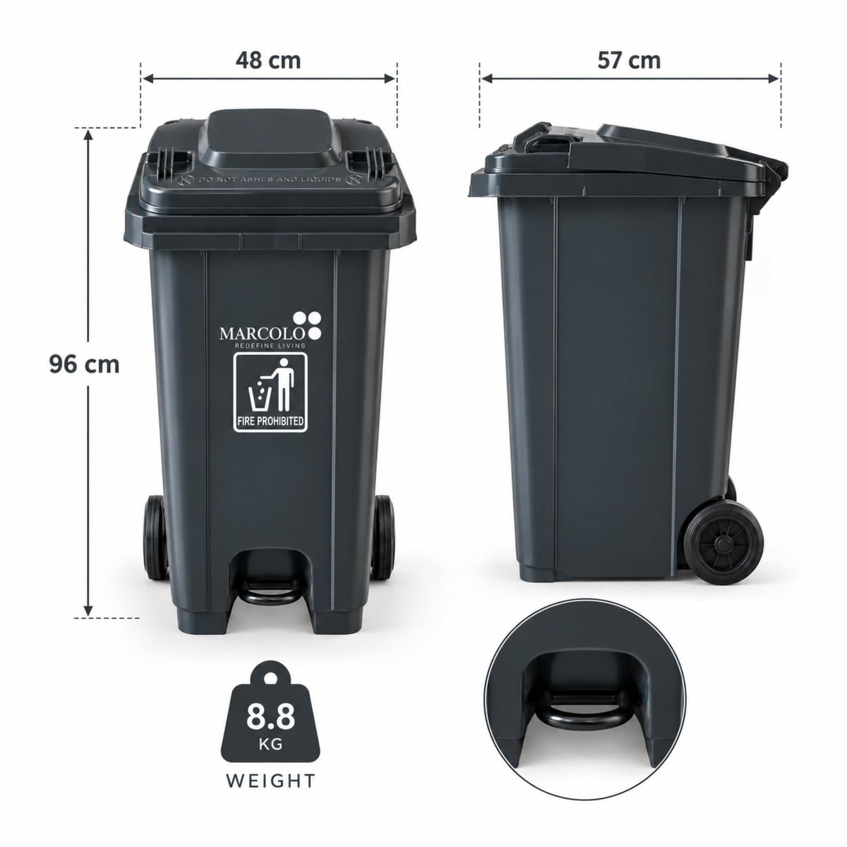 120L central-pedal heavy-duty waste bin - grey, dimensions 48 × 57 × 96 cm, 8.8 kg, central pedal close-up