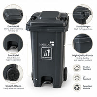 240L central-pedal heavy-duty waste bin - grey, feature callouts: lid, hinges, foot pedal, wheels