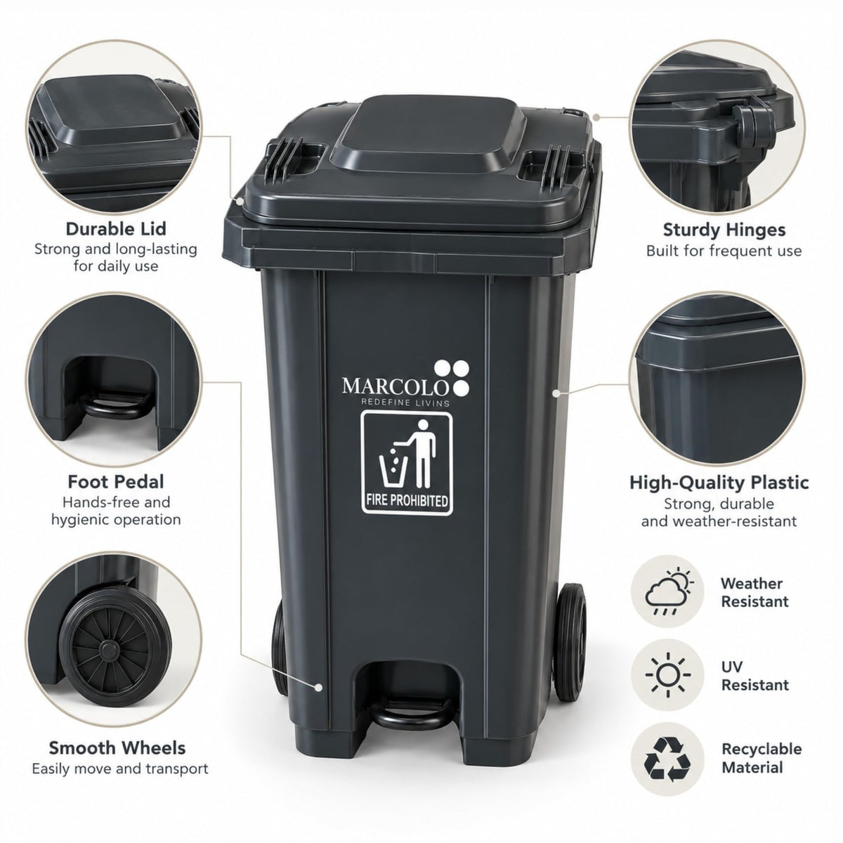 240L central-pedal heavy-duty waste bin - grey, feature callouts: lid, hinges, foot pedal, wheels