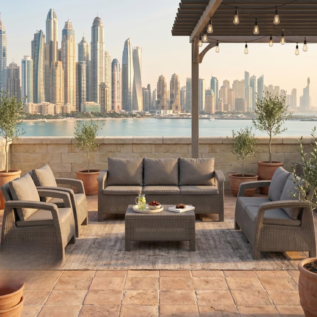 Grey Havana 7-seater sofa set with seat and back cushions on a rooftop terrace