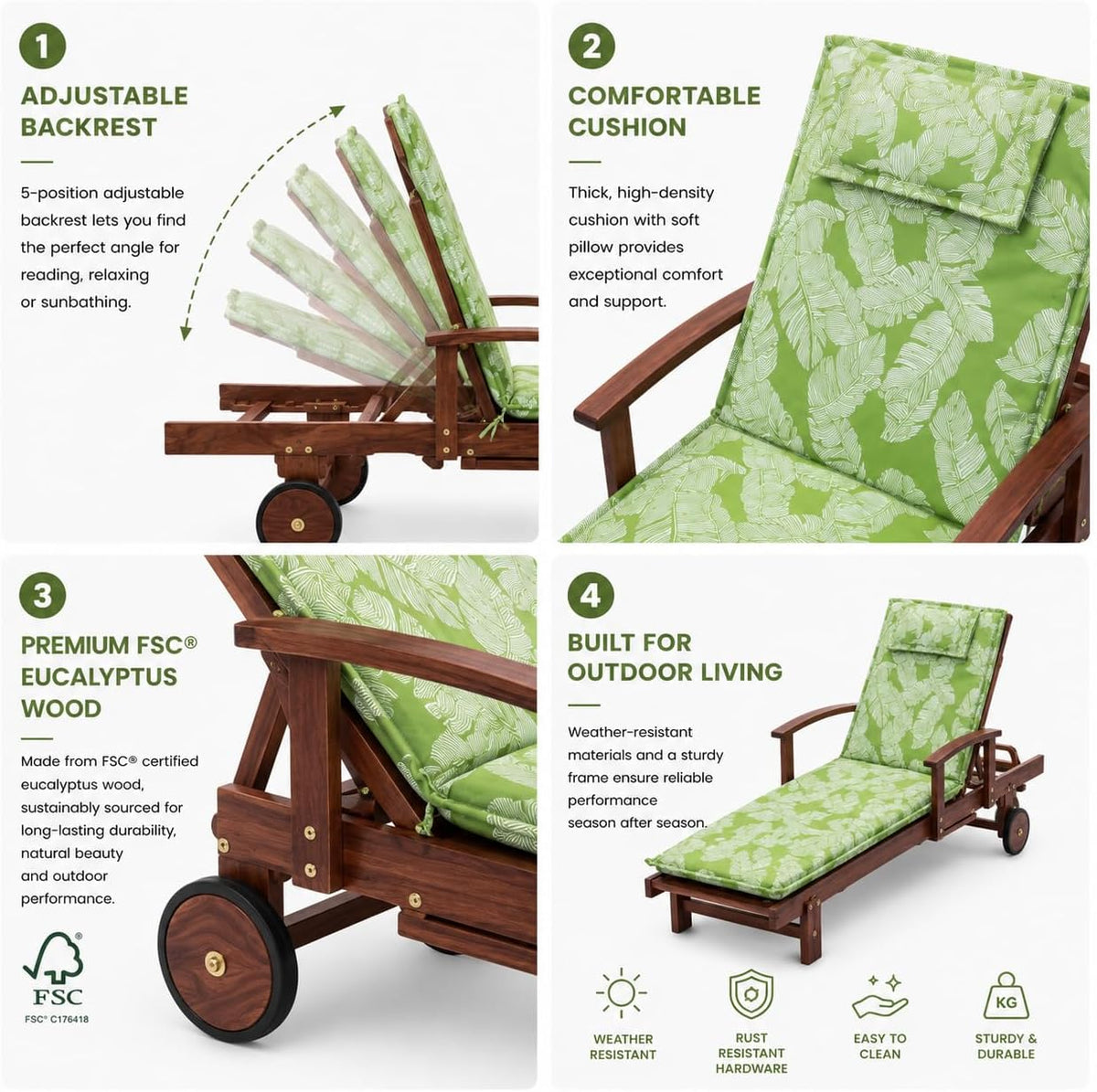 Green leaf cushion sun lounger side tray