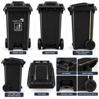 240L central-pedal heavy-duty waste bin - black, front, back, side and top views with detail shots