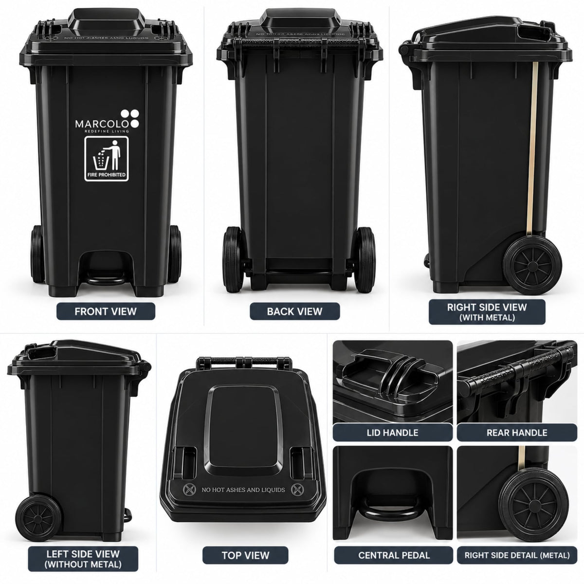 240L central-pedal heavy-duty waste bin - black, front, back, side and top views with detail shots