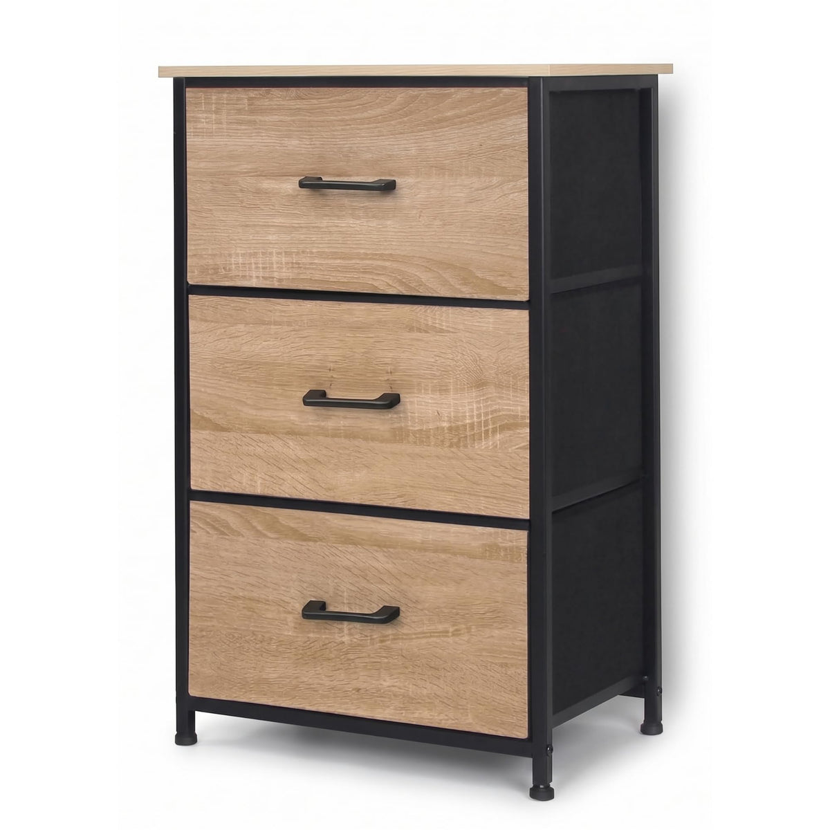 Marcolo Nova 3-drawer fabric dresser with oak-look fronts and black frame