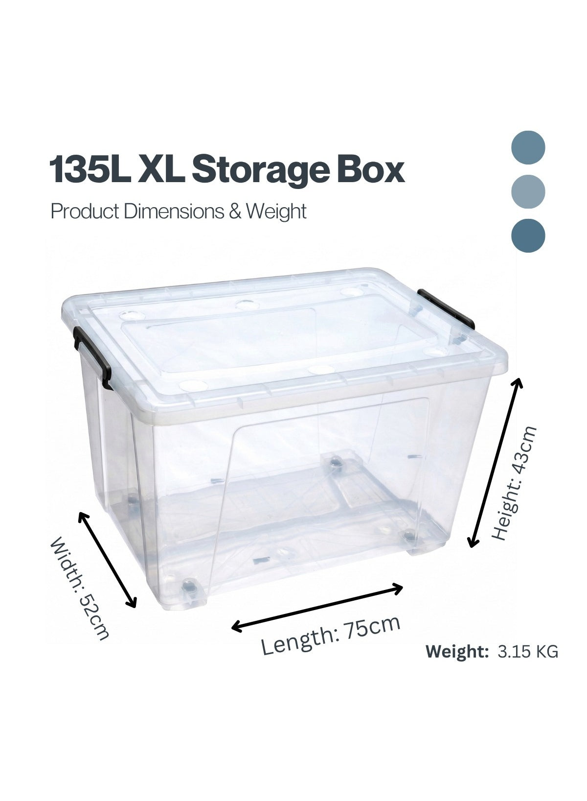 135L storage box dimensions 75 x 52 x 43 cm