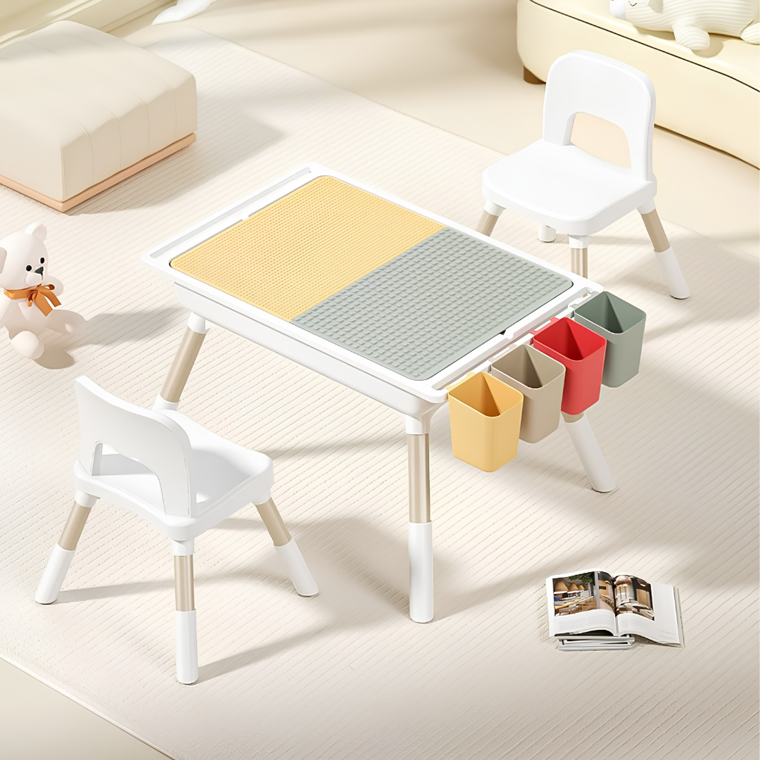 Multifunctional Kids Activity Table & 2 Chairs Set | Adjustable Height | Building Block, Study, Drawing, Sand & Water Play