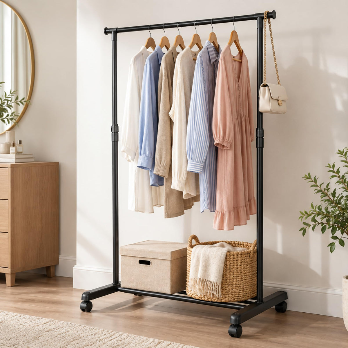 Easy garment rack with hanging clothes in a bedroom
