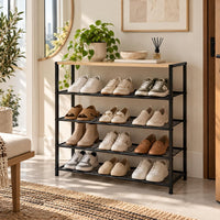 Urban 5-tier shoe rack with wooden top holding shoes in an entryway