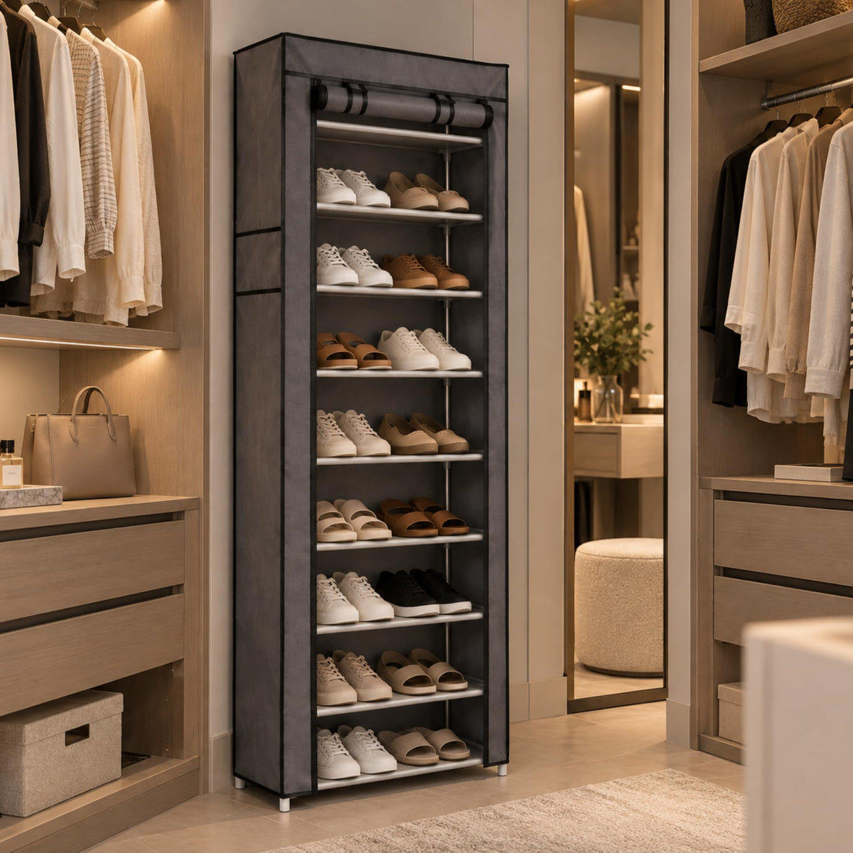 Grey covered shoe rack in a dressing room with the front rolled up