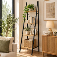 4-tier ladder shelf with plants and baskets in a living room