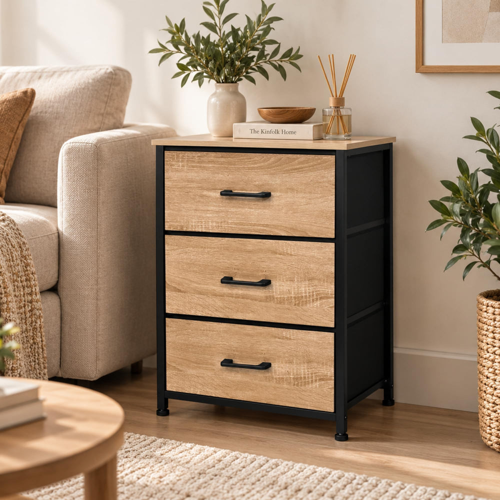 Nova 3-drawer dresser with a plant beside a sofa