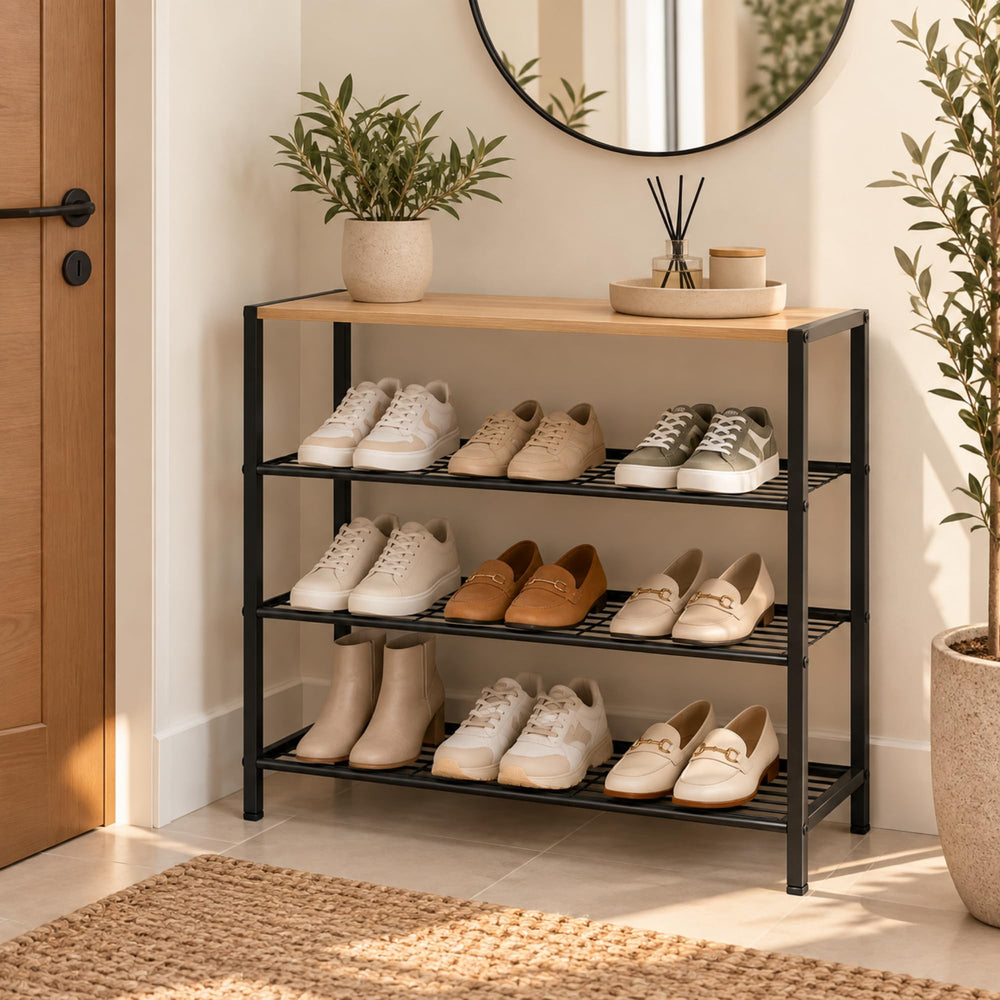 Urban shoe rack with wooden top holding shoes in an entryway