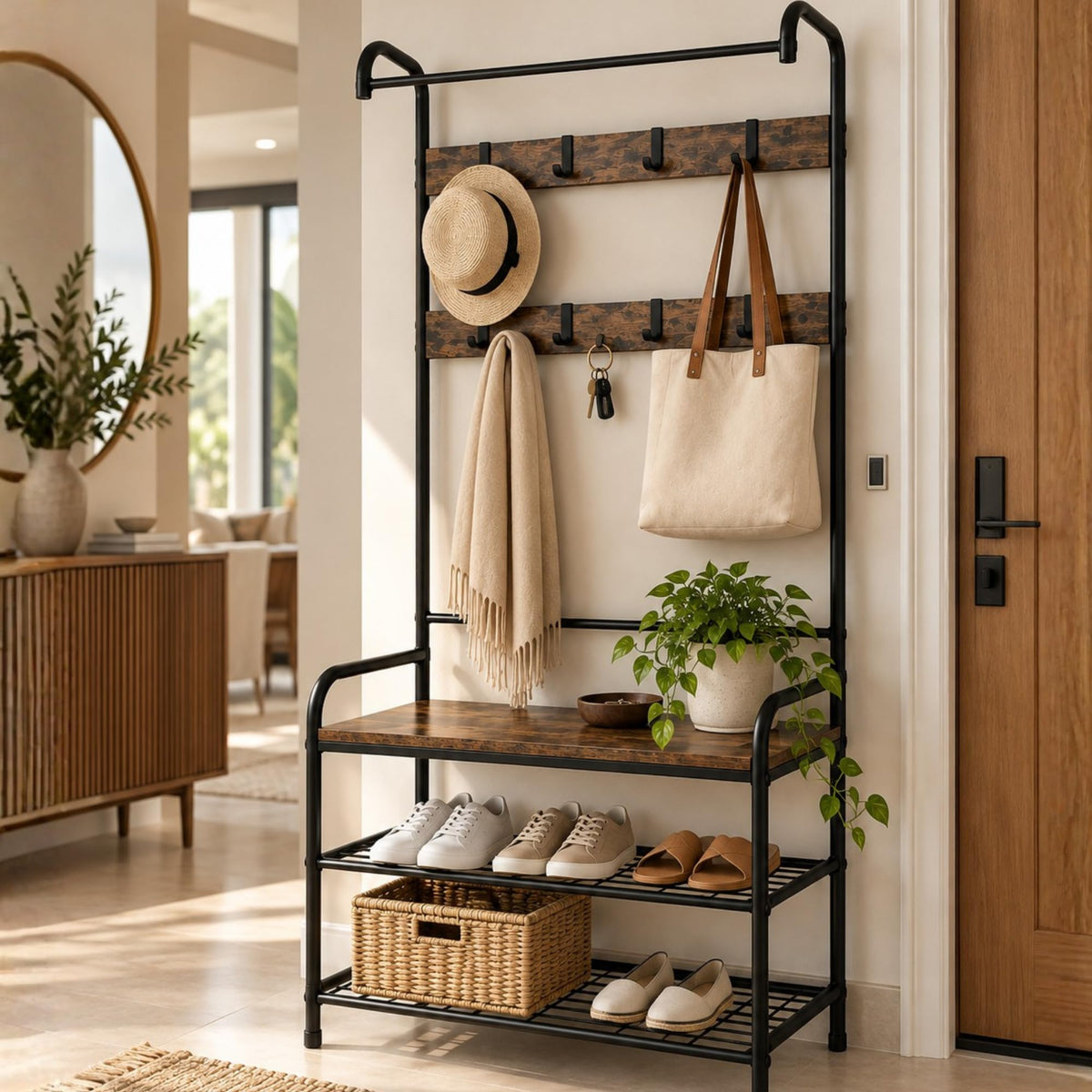 Flexi entryway rack with wooden shelf in a home entrance