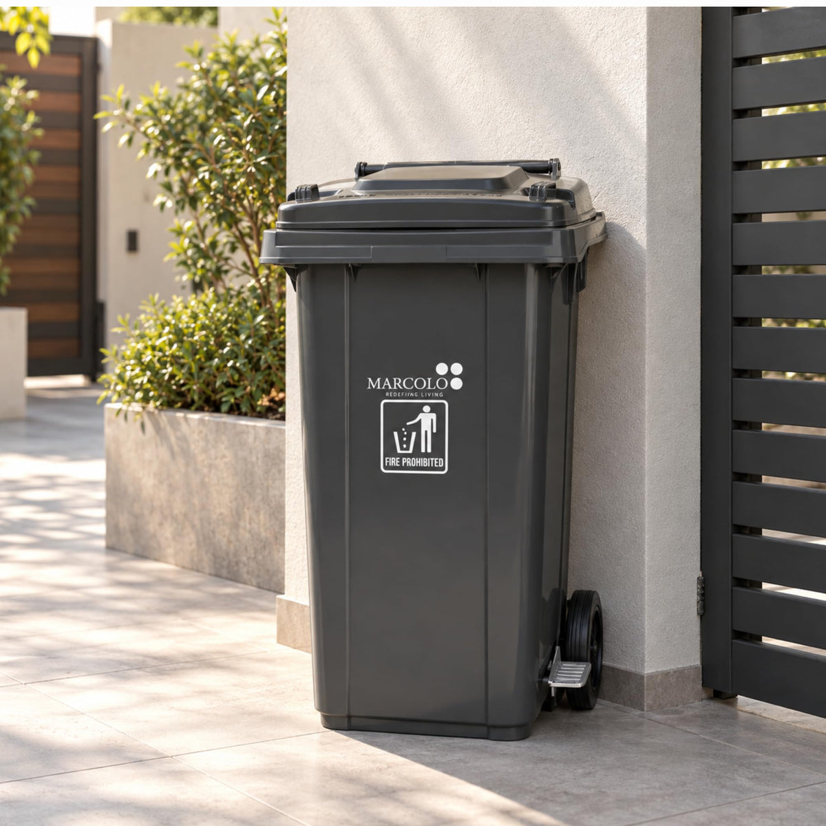 100L side-pedal waste bin with wheels - grey, outdoors beside a villa gate