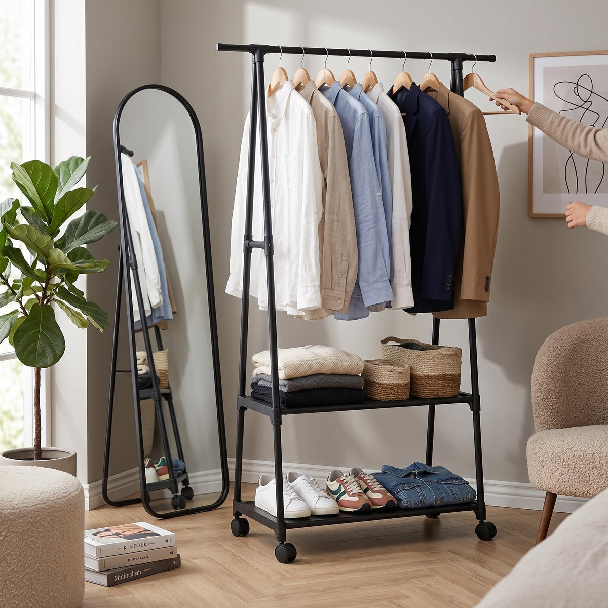 Smart 2-tier garment rack with hanging clothes in a bedroom