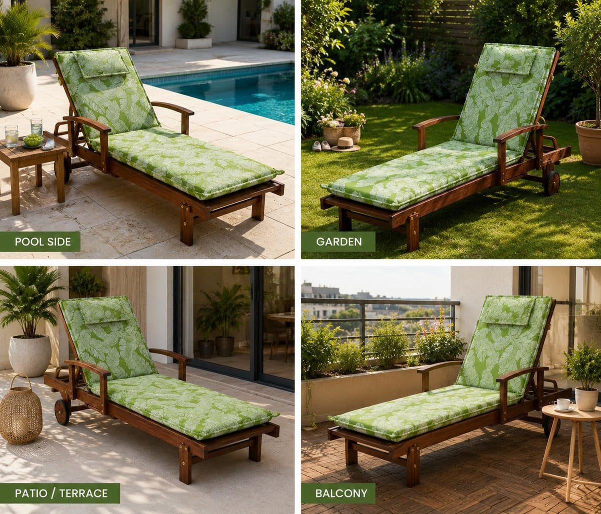 Green leaf cushion sun lounger reclined