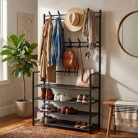 Smart 4-tier entryway rack with coats and shoes in a home entrance