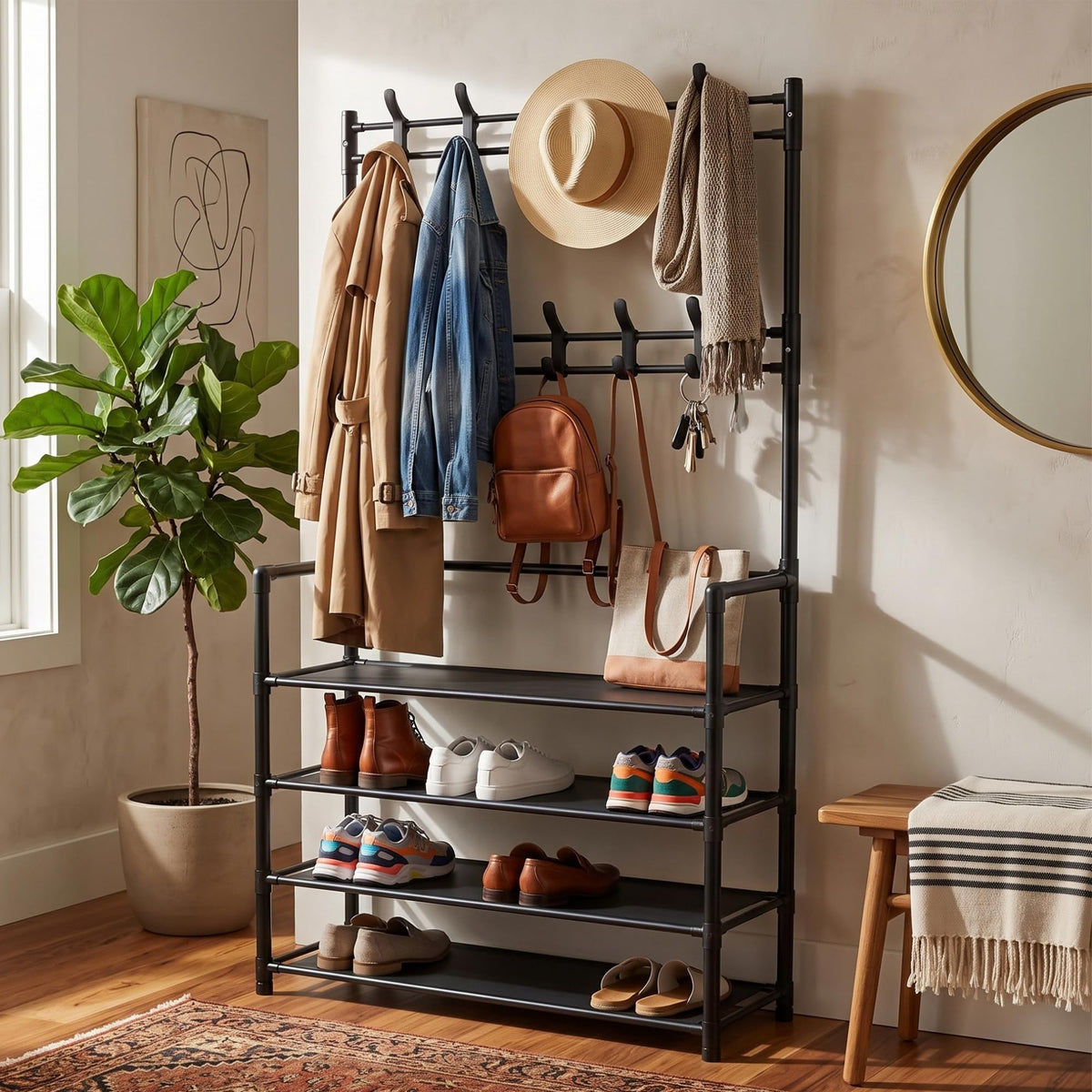 Smart 4-tier entryway rack with coats and shoes in a home entrance