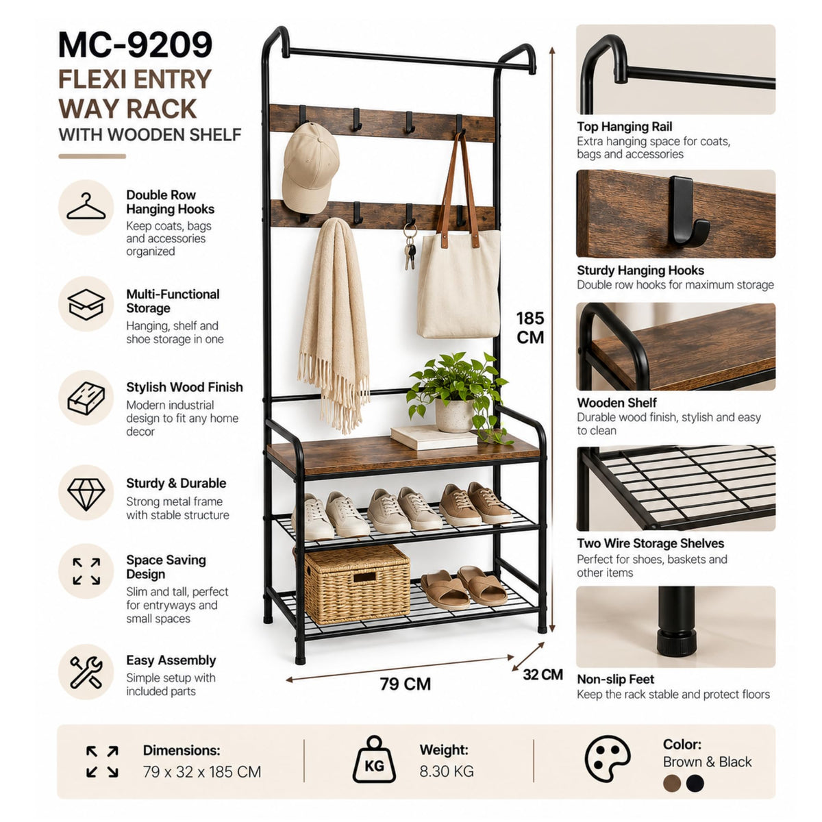 Flexi entryway rack features and dimensions 79 × 32 × 185 cm