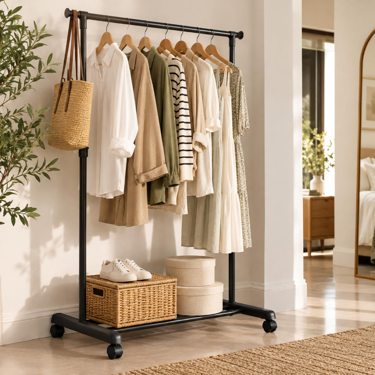 Easy garment rack with clothes and a storage basket