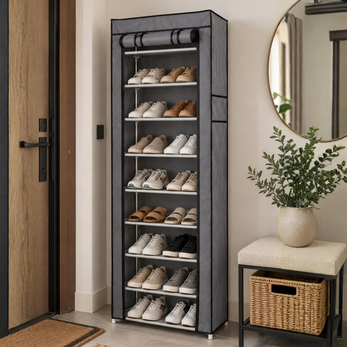 Covered 9-tier shoe rack filled with shoes in an entryway