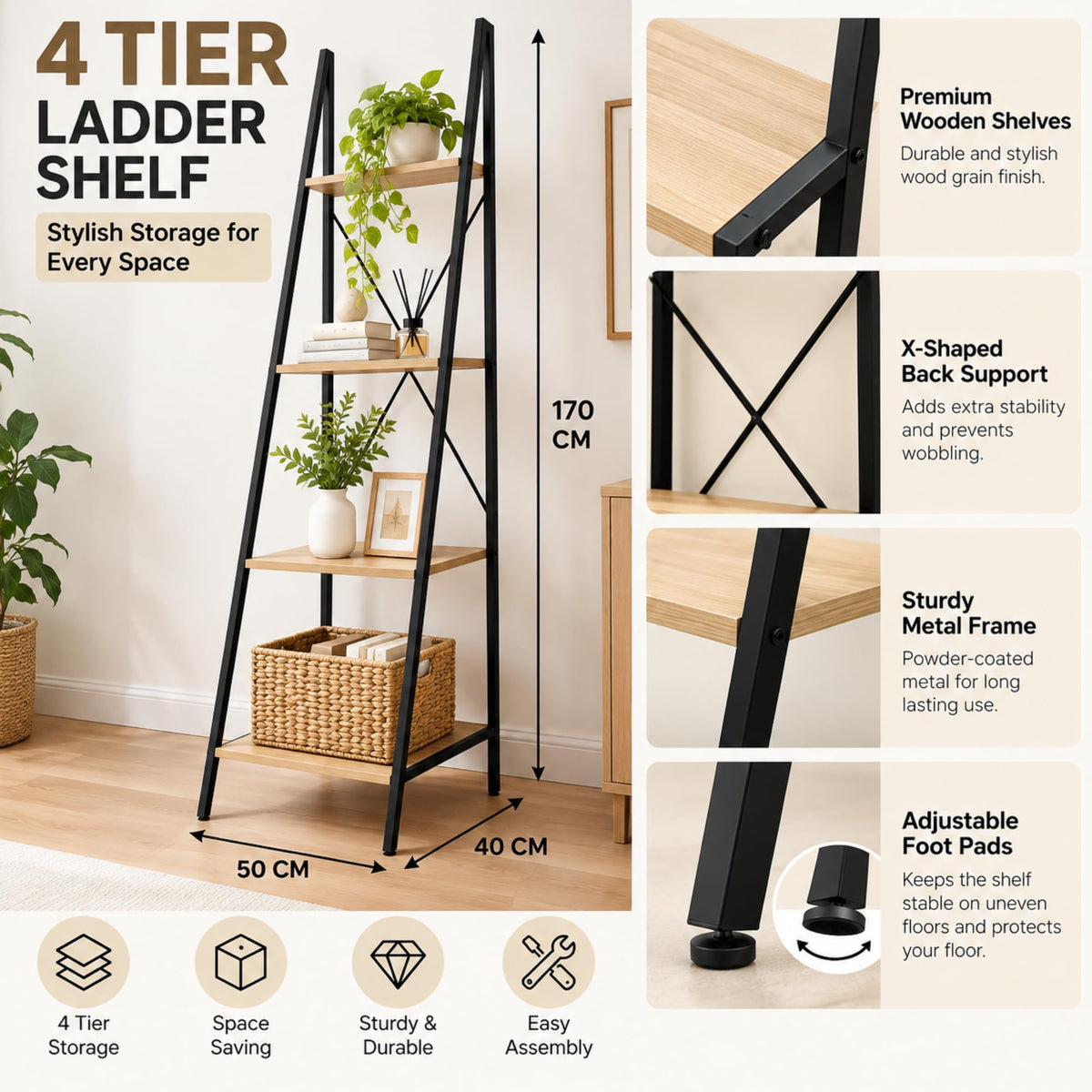 4-tier ladder shelf features and dimensions 50 × 40 × 170 cm