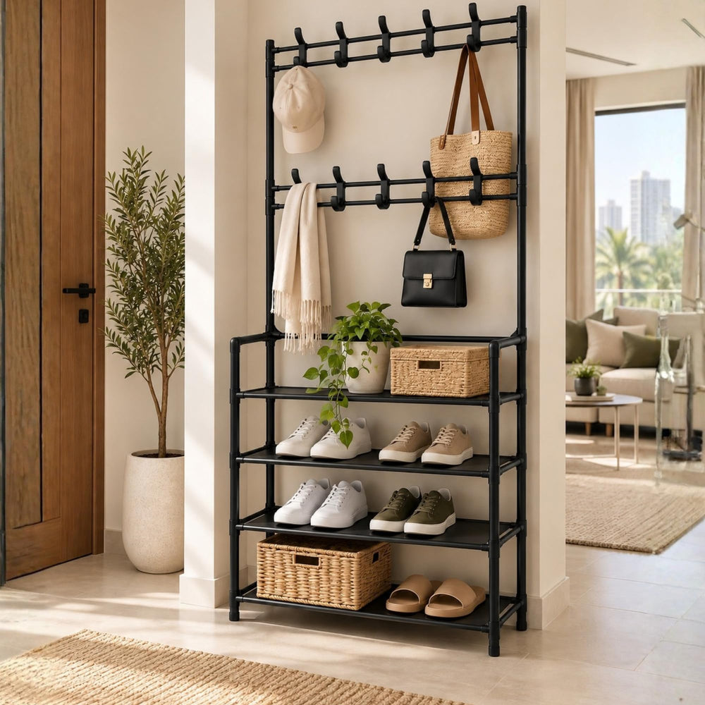 Smart entryway rack in a hallway with bags, baskets and shoes