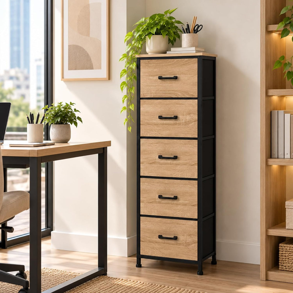 Nova 5-drawer fabric dresser in a bedroom