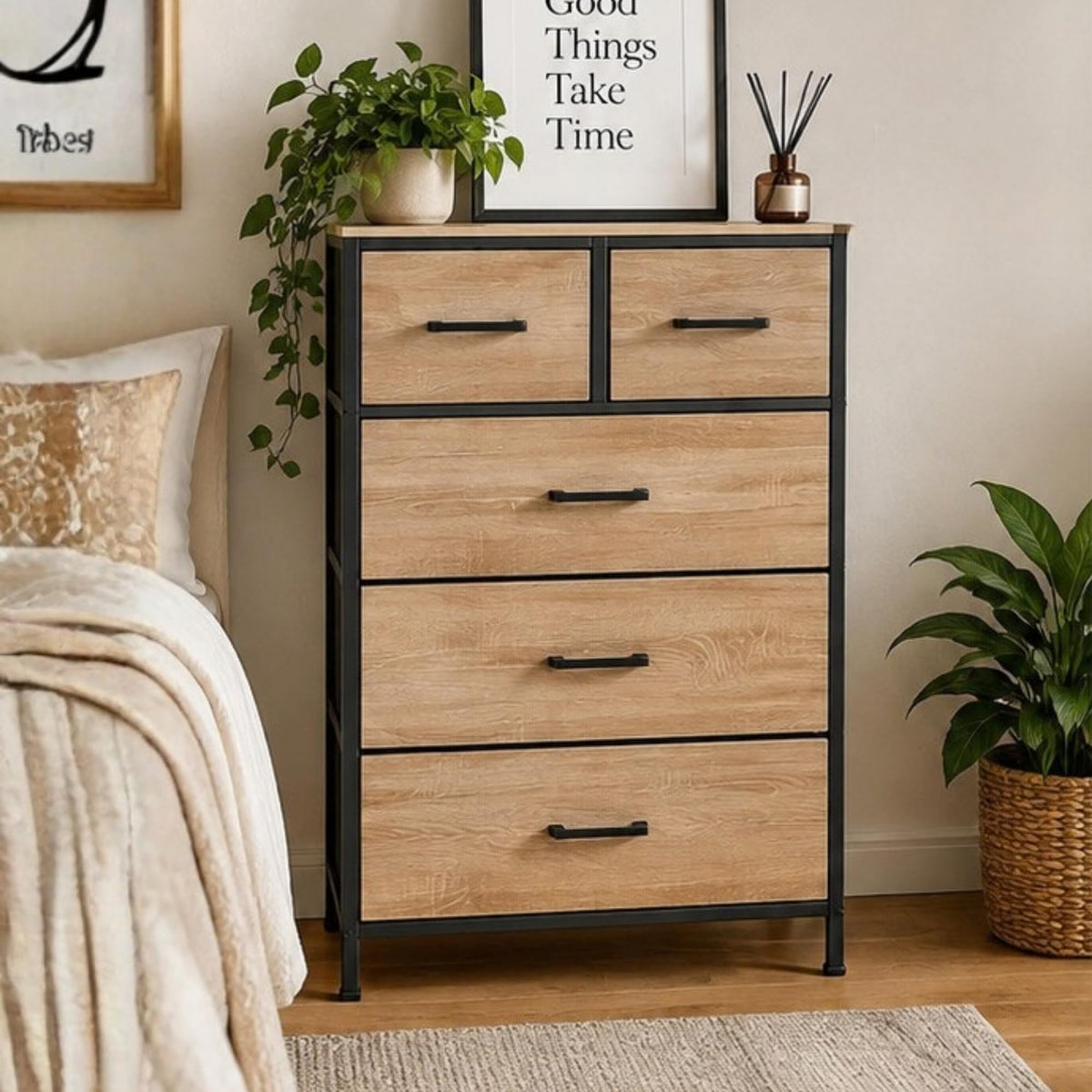 Casa 5-drawer dresser beside a bed in a bedroom