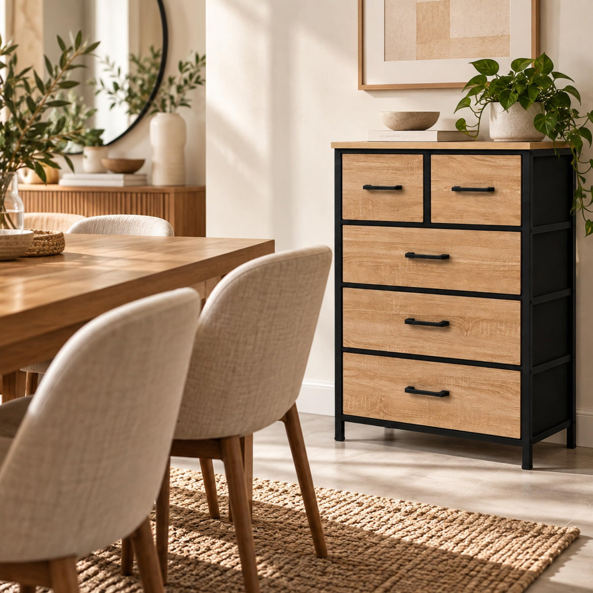Casa 5-drawer dresser with plants in a dining area