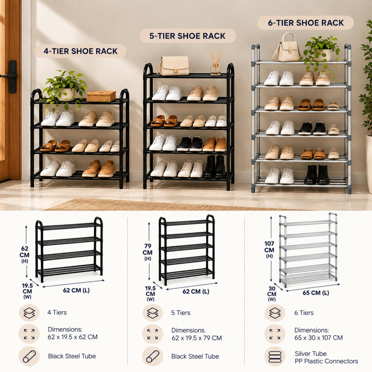 Size comparison of Marcolo 4-tier, 5-tier and 6-tier shoe racks