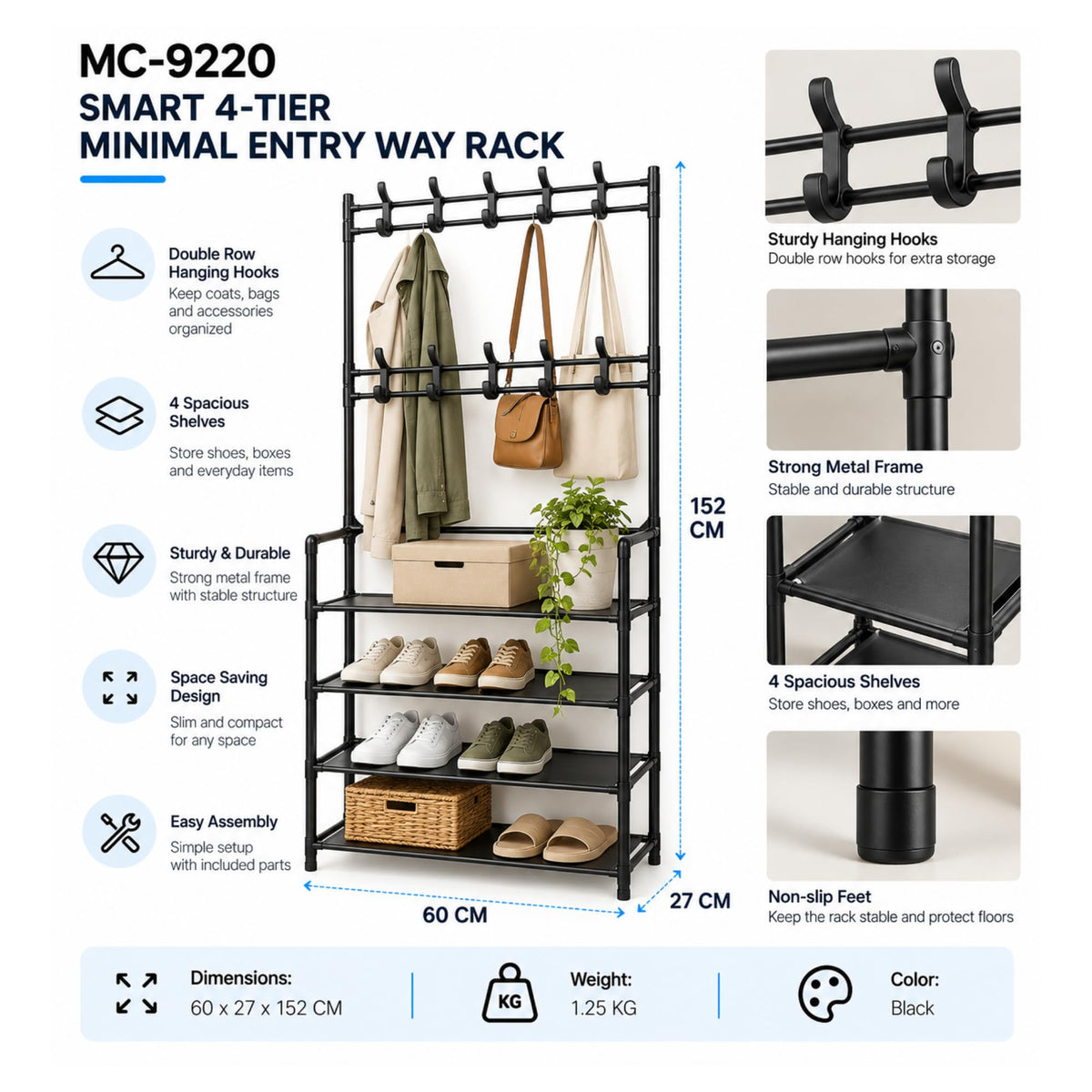 Smart 4-tier entryway rack features and dimensions 60 × 27 × 152 cm