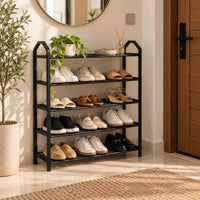 Black 5-tier shoe rack filled with shoes in an entryway