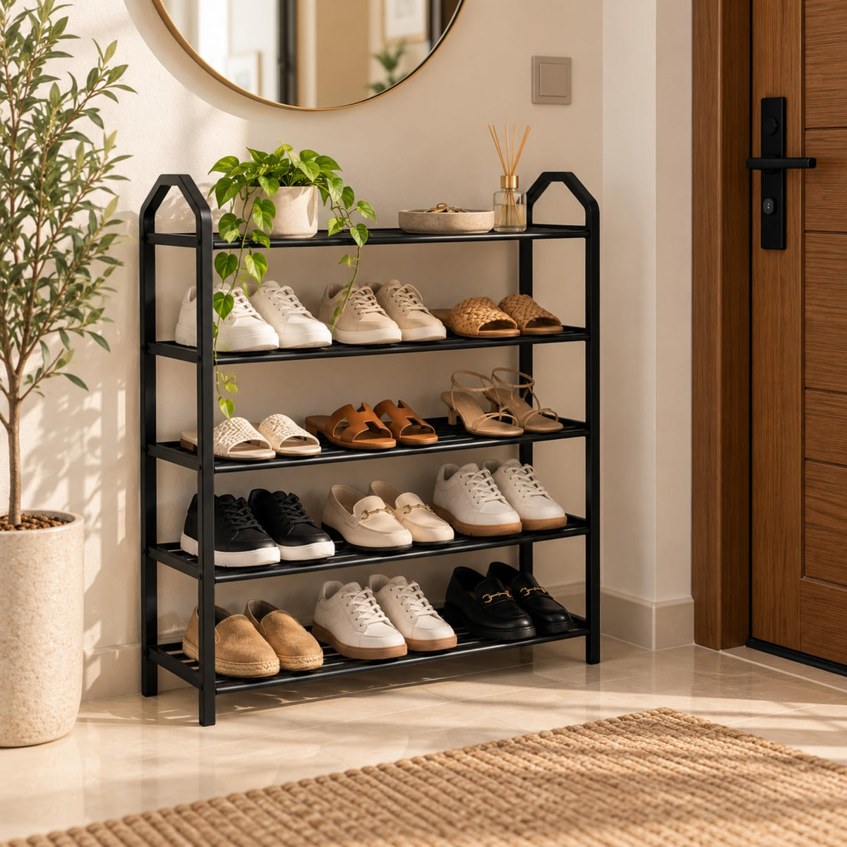 Black 5-tier shoe rack filled with shoes in an entryway