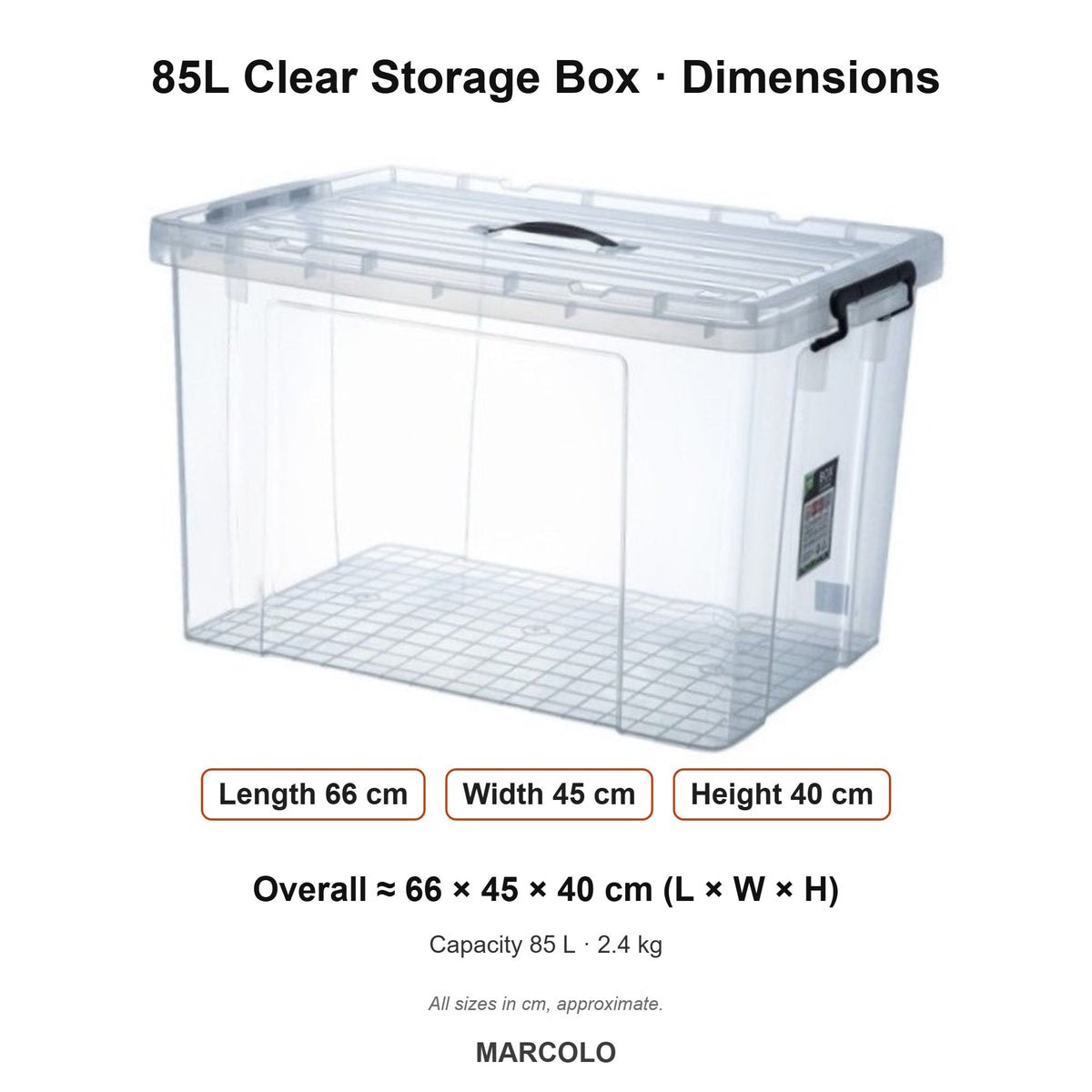 85L Clear Storage Box with Locking Lid & Side Handles – dimensions