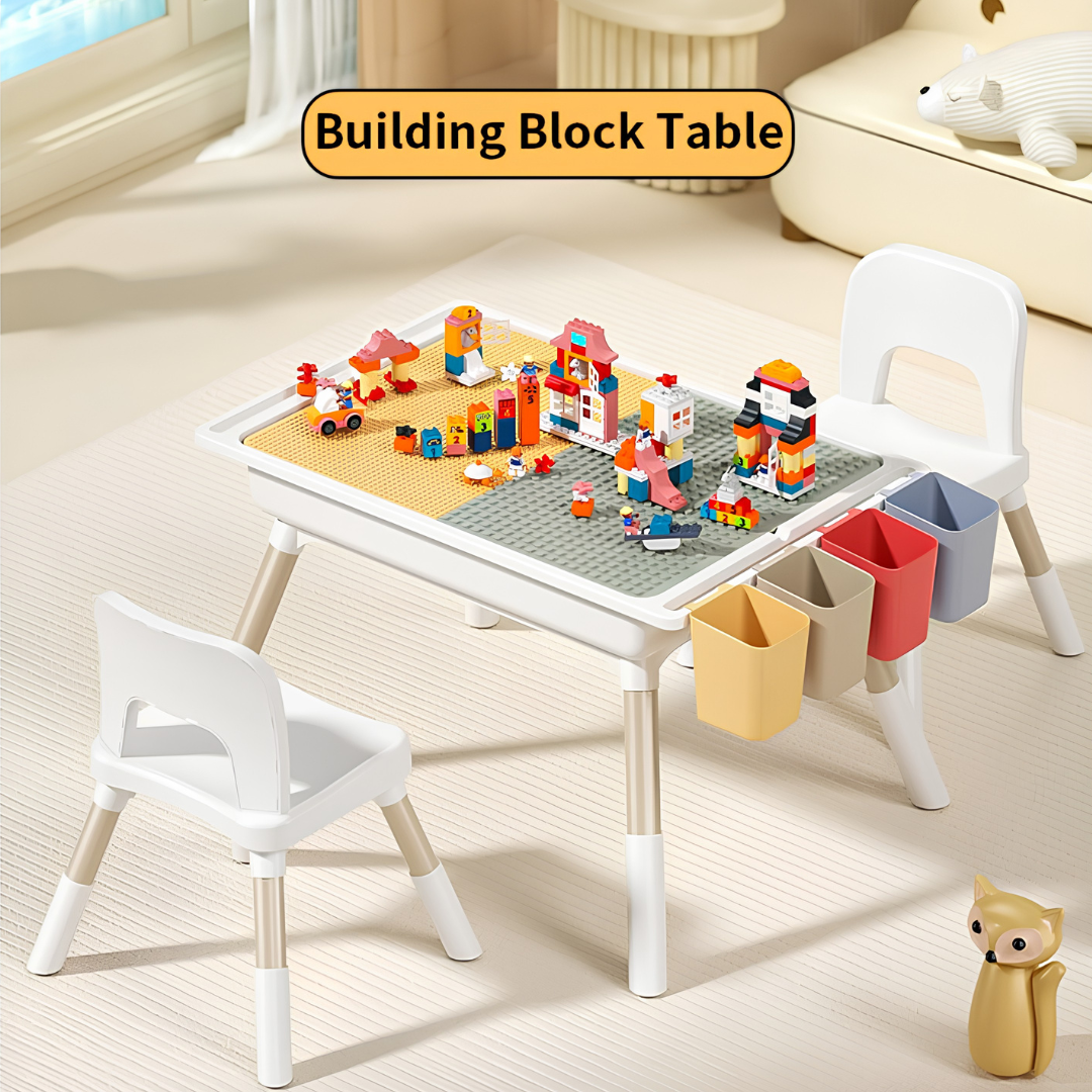 Multifunctional Kids Activity Table & 2 Chairs Set | Adjustable Height | Building Block, Study, Drawing, Sand & Water Play