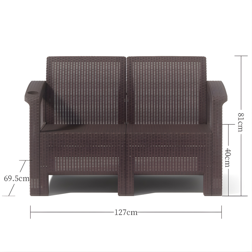 Marcolo Brown Rattan Outdoor Loveseat with Dimensions Diagram