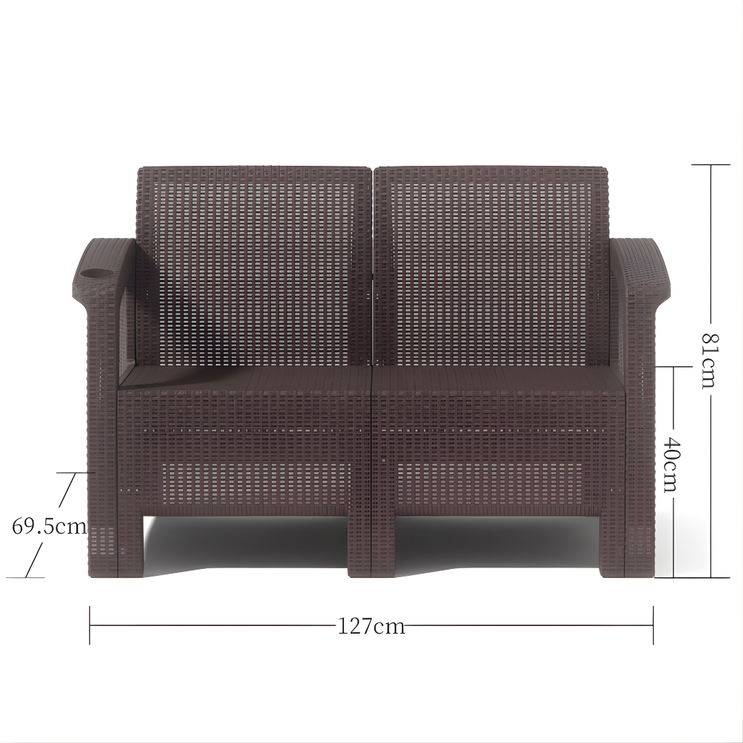 4-Seater Outdoor Sofa Set – Dark Brown Plastic Seating with Seat & Back Cushions & Coffee Table, Weather-Resistant Patio & Garden Furniture with Built-In Cup Holders