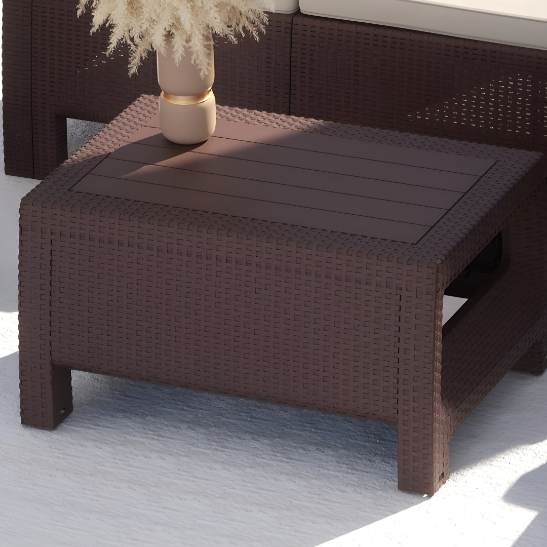 2-Seater Outdoor Sofa Set – Dark Brown Plastic Chairs with Beige Back and Seat Cushions & Coffee Table, Weather-Resistant Patio & Balcony Furniture with Built-In Cup Holders