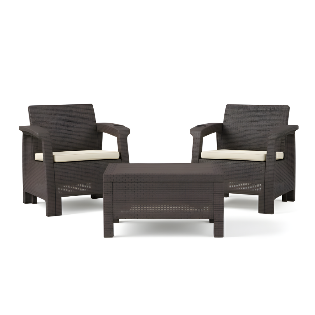 2-Seater Outdoor Sofa Set – Dark Brown Plastic Chairs with Beige Seat Cushions & Coffee Table, Weather-Resistant Patio & Balcony Furniture with Built-In Cup Holders