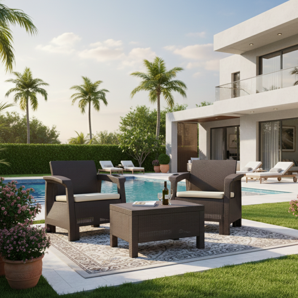 2-Seater Outdoor Sofa Set – Dark Brown Plastic Chairs with Beige Seat Cushions & Coffee Table, Weather-Resistant Patio & Balcony Furniture with Built-In Cup Holders