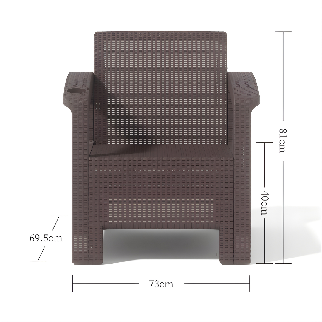 2-Seater Outdoor Sofa Set – Dark Brown Plastic Chairs with Beige Back and Seat Cushions & Coffee Table, Weather-Resistant Patio & Balcony Furniture with Built-In Cup Holders