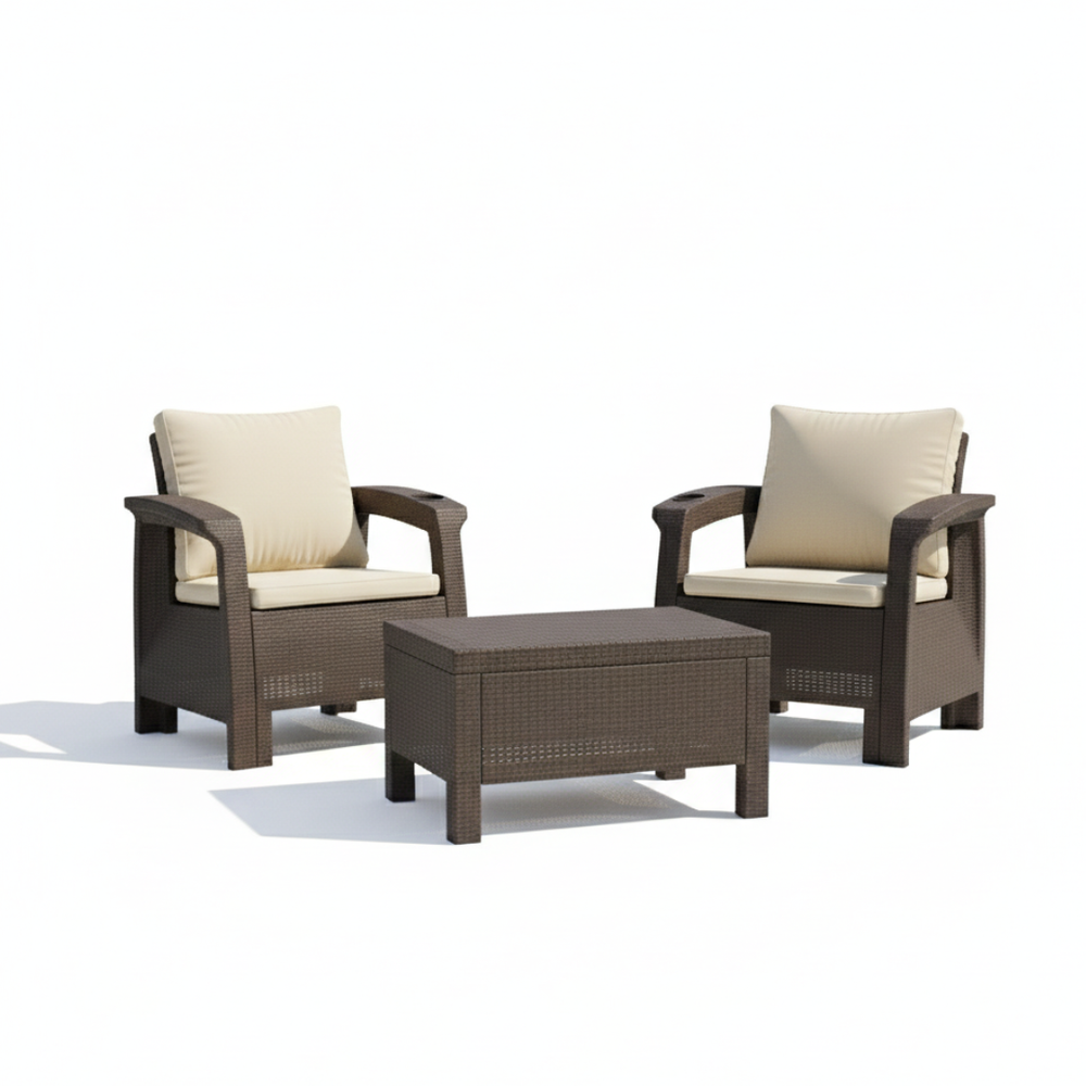 2-Seater Outdoor Sofa Set – Dark Brown Plastic Chairs with Beige Back and Seat Cushions & Coffee Table, Weather-Resistant Patio & Balcony Furniture with Built-In Cup Holders